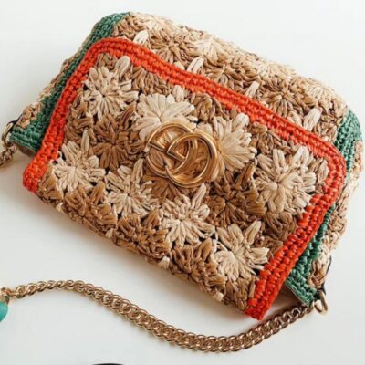 Gucci GG Marmont Red & Green Web Trimming Golden GG Logo Decoration Female Viscose Raffia Braided Flower Motif Chain Bag