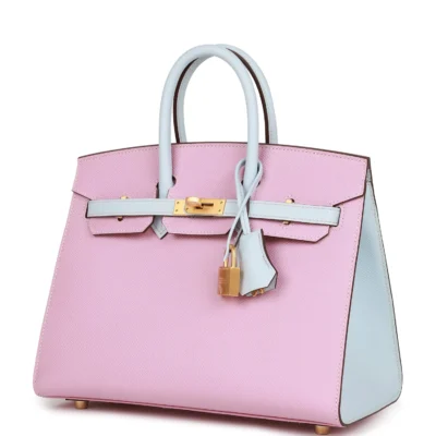 حقيبة هيرميس Special Order HSS Birkin Sellier 25 Mauve Sylvestre Brume مصقول من جلد إبسوم باللون الأزرق مع إكسسوارات معدنية ذهبية