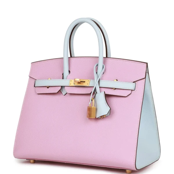 حقيبة هيرميس Special Order HSS Birkin Sellier 25 Mauve Sylvestre Brume مصقول من جلد إبسوم باللون الأزرق مع إكسسوارات معدنية ذهبية