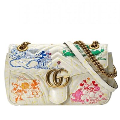 Gucci GG Marmont Disney x Colorful Mickey & Minnie Mouse Printing Brass Logo Buckle 2022 Female New Chain Flap Handbag Cream