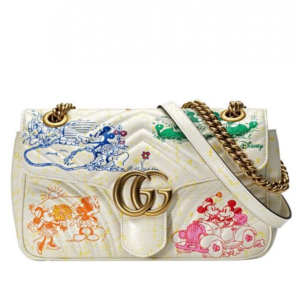 Gucci GG Marmont Disney x Colorful Mickey & Minnie Mouse Printing Brass Logo Buckle 2022 Female New Chain Flap Handbag Cream