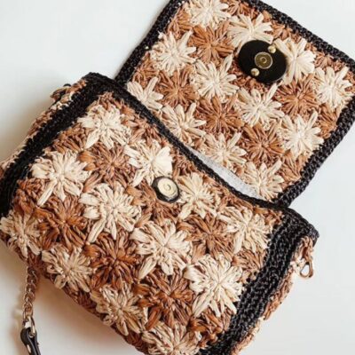 Gucci GG Marmont Crochet Flower Pattern Gold Logo Buckle Women Beige & Camel Viscose Raffia Flap Crossbody Bag