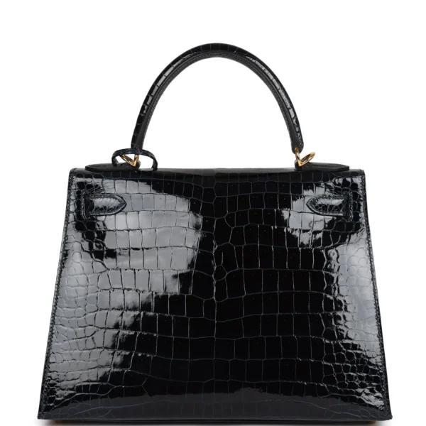 Hermès Kelly Sellier 28 Bleu Baltique Shiny Porosus Crocodile Gold Hardware