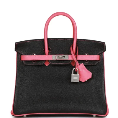 Hermès Special Order HSS Birkin 25 Rose Azalee Chèvre gebürstet Tasche in Schwarz mit Palladiumbeschläge