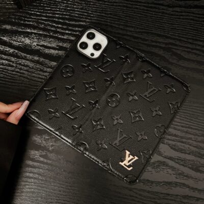 Premium Leather Folio Monogram Phone Case with Card Holder for iPhone 12-18 Pro & Pro Max