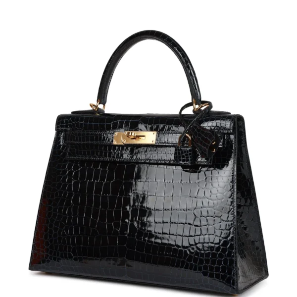 Hermès Kelly Sellier 28 Bleu Baltique Shiny Porosus Crocodile Gold Hardware