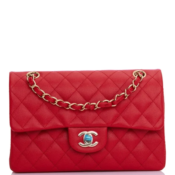Chanel Small Classic Double Flap Red Caviar Light Gold Hardware