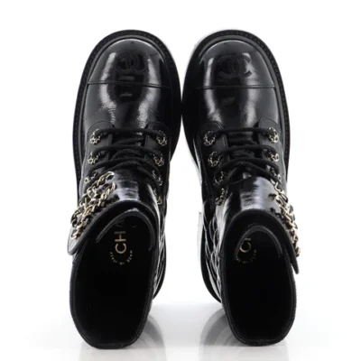 a4bc942f4d0c9eafa4c9d1ad4a56bcb2 Chanel Women's Chain CC Cap Toe Lace Up Combat Boots Quilted Shiny Calfskin