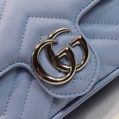 Gucci GG Marmont Silver Logo Magnetic Buckle Light Blue Super Mini Chain Bag Women Fashion Chevron Design Crossbody Bag