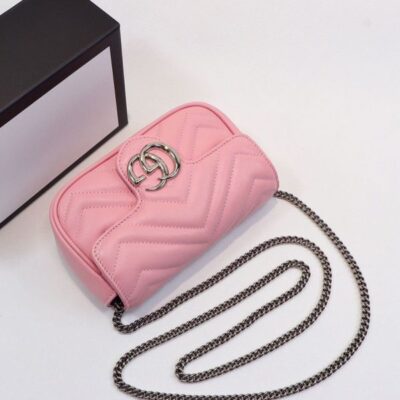 a6d49fe91b3c15ebd346a0e3f9d121c4 Gucci GG Marmont Waved Design Silver GG Buckle Women Latest Pink Quilted Super Mini Flap Handbag For Sale