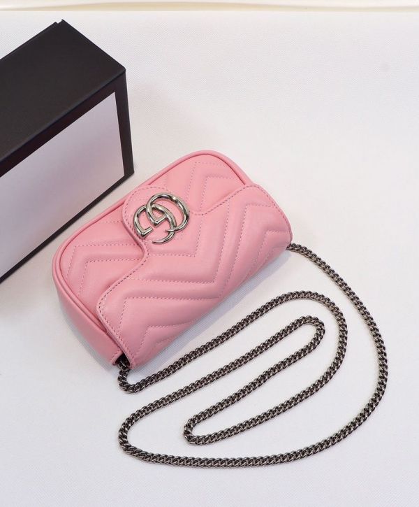 a6d49fe91b3c15ebd346a0e3f9d121c4 Gucci GG Marmont Waved Design Silver GG Buckle Women Latest Pink Quilted Super Mini Flap Handbag For Sale