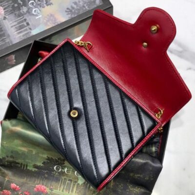 حقيبة كلاتش غوتشي GG Marmont Diagonal Matelasse Trimming Brass شعار Garniture Lady من الجلد باللون الأسود والأحمر مبطنة بسلسلة بتصميم كلاسيكي