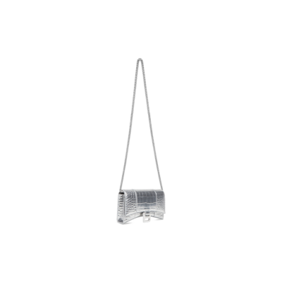 WOMEN'S HOURGLASS WALLET ON CHAIN METALLIZED CROCODILE EMBOSSED WITH RHINESTONES IN SILVER