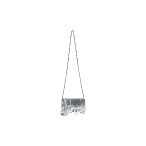 WOMEN'S HOURGLASS WALLET ON CHAIN METALLIZED CROCODILE EMBOSSED WITH RHINESTONES IN SILVER