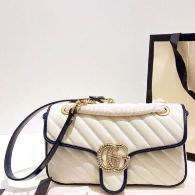 Gucci GG Marmont White Striped Quilted Leather Navy Trimming Brass Buckle & Shoulder Strap Women Cheapest Small Flap Crossbody Bag