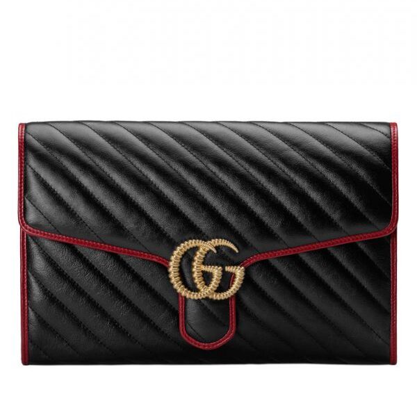 Gucci GG Marmont Black Diagonal Matelasse Quilted Leather Red Trimming Classic Brass Logo Garniture Lady Brass Chain Clutch Bag