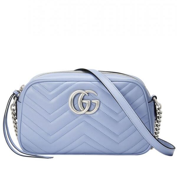Gucci GG Marmont Small Light Blue Chevron Quilted Leather Silver Logo Signature Women Fashion Chain Crossbody Bag