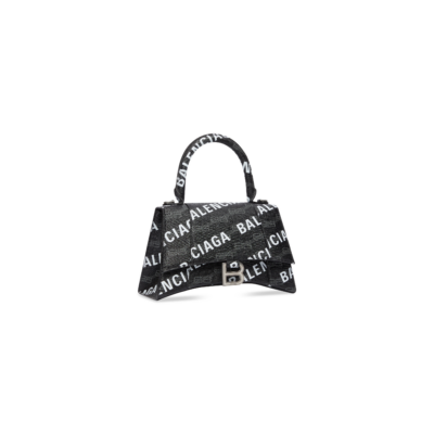 WOMEN'S HOURGLASS SMALL HANDBAG BB MONOGRAM COATED CANVAS AND ALLOVER LOGO IN BLACK