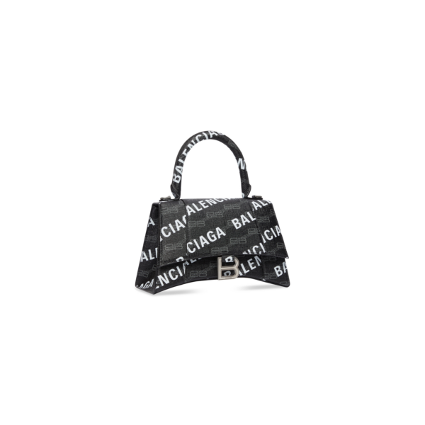 WOMEN'S HOURGLASS SMALL HANDBAG BB MONOGRAM COATED CANVAS AND ALLOVER LOGO IN BLACK