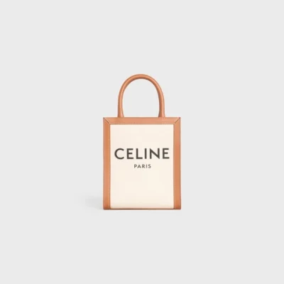 b2d994a4ccb7a95110fe2f8509f1e453 MINI VERTICAL CABAS CELINE IN TEXTILE WITH CELINE PRINT AND CALFSKIN NATURAL / TAN