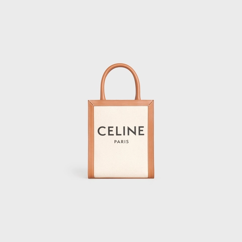 b2d994a4ccb7a95110fe2f8509f1e453 MINI VERTICAL CABAS CELINE IN TEXTILE WITH CELINE PRINT AND CALFSKIN NATURAL / TAN