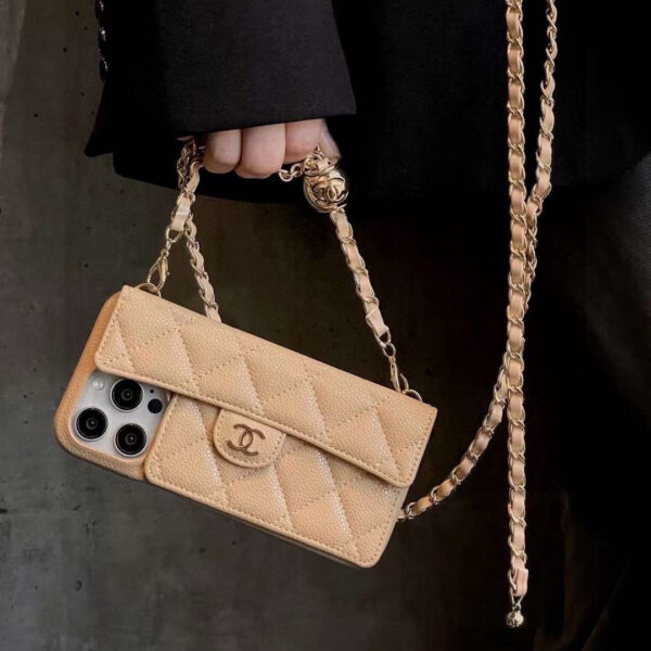 b3c8178cdd1763392c73b47f7f4795e687d76718168072f9f8263dd70c453596 Chanel Style Quilted Leather Flip Card Holder Phone Case With Gold Chain Crossbody Strap