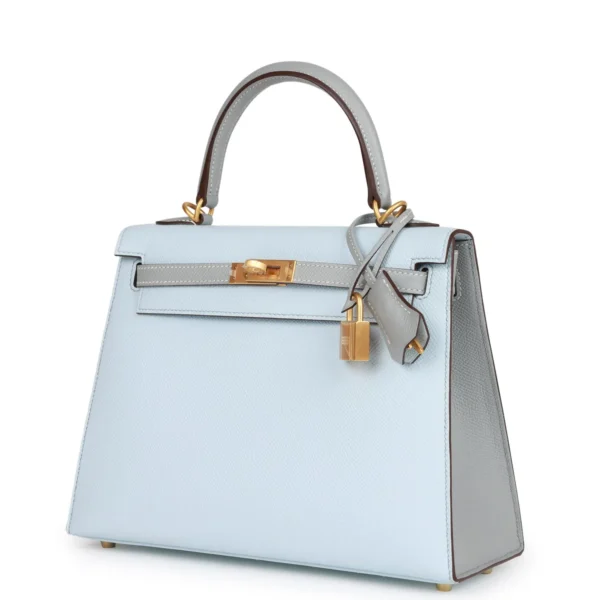 Hermès Special Order (HSS) Kelly Sellier 25 Bleu Brume and Bleu Glacier Epsom Brushed Gold Hardware