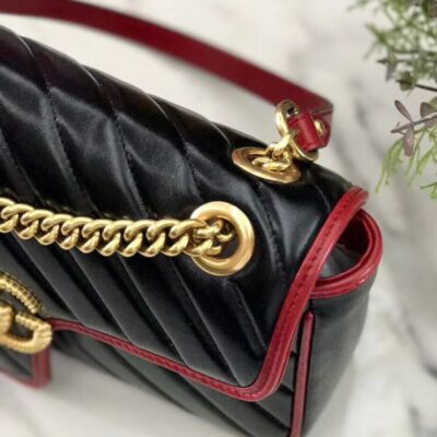Gucci GG Marmont Red Trimming Twisted Brass Logo Buckle Chain Strap Women Diagonal Design Fashion Black Matelasse Leather Flap Bag