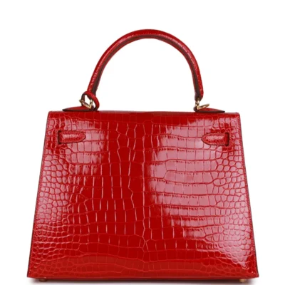 Hermès Kelly Sellier 25 Braise Shiny Porosus Crocodile Gold Hardware