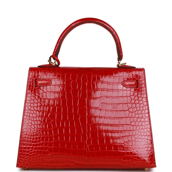 Hermès Kelly Sellier 25 Braise Shiny Porosus Crocodile Gold Hardware