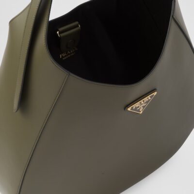 Prada Large leather shoulder bag with topstitching - Military Green/Black