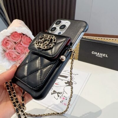 Chanel Style Quilted Leather Phone Case with Crossbody Chain & Card Pocket