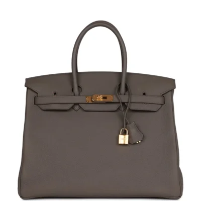 حقيبة هيرميس Birkin 35 Gris Etain من جلد توغو مع إكسسوارات معدنية ذهبية