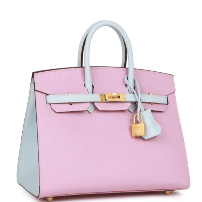 حقيبة هيرميس Special Order HSS Birkin Sellier 25 Mauve Sylvestre Brume مصقول من جلد إبسوم باللون الأزرق مع إكسسوارات معدنية ذهبية