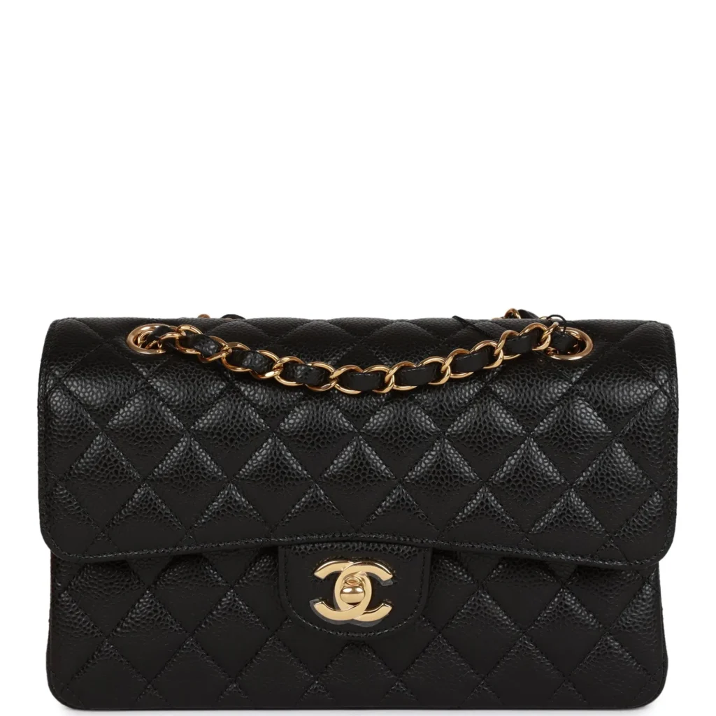 CHANEL Double Flap Caviar Small in Schwarz mit goldfarbenen Metallbeschlägen