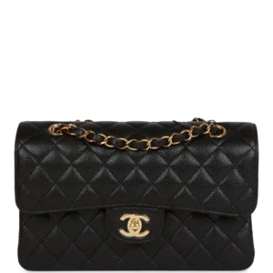 CHANEL petit format Classic Double Flap noir cuir caviar finitions dorées