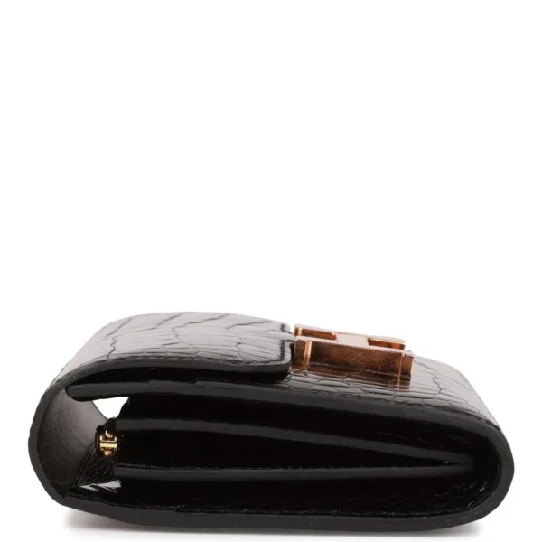 محفظة Hermès Constance Compact أسود لامع Alligator Rose إكسسوارات معدنية ذهبية