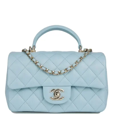 c77113ff120cdb5b5091fcd0e30be172 CHANEL Mini Rectangular Flap with Top Handle Blue Lambskin Light Gold Hardware
