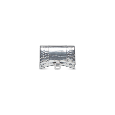 WOMEN'S HOURGLASS WALLET ON CHAIN METALLIZED CROCODILE EMBOSSED WITH RHINESTONES IN SILVER