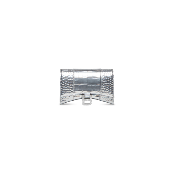 WOMEN'S HOURGLASS WALLET ON CHAIN METALLIZED CROCODILE EMBOSSED WITH RHINESTONES IN SILVER