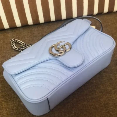 Gucci GG Marmont Silver GG Logo Buckle Chain Shoulder Strap Small Light Blue Quilted Leather Shoulder Bag For Ladies USA