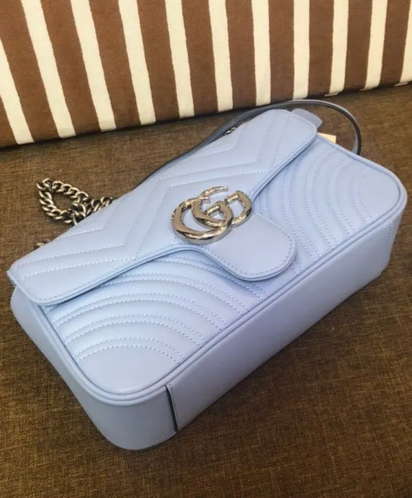 Gucci GG Marmont Silver GG Logo Buckle Chain Shoulder Strap Small Light Blue Quilted Leather Shoulder Bag For Ladies USA