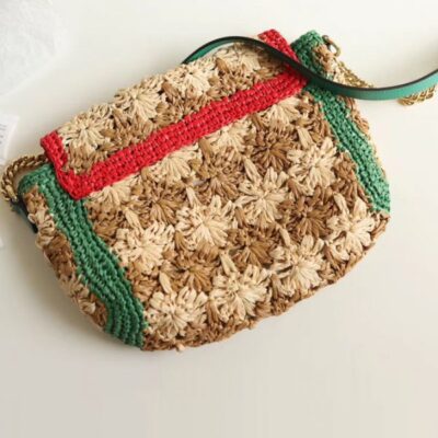 Gucci GG Marmont Red & Green Web Trimming Golden GG Logo Decoration Female Viscose Raffia Braided Flower Motif Chain Bag