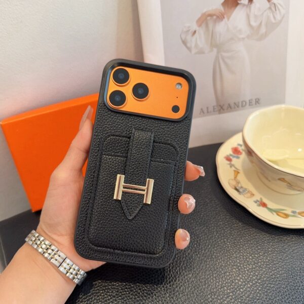 Hermès-Style Leather Card Holder Phone Case with H Buckle & Shockproof Bumper