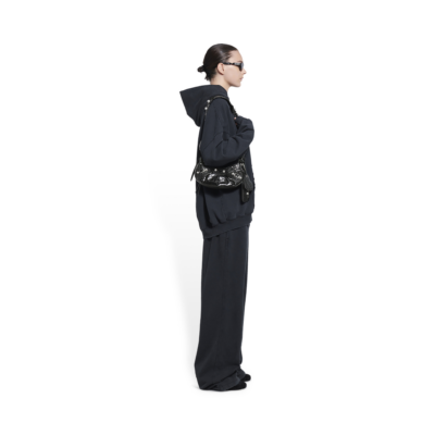 WOMEN'S LE CAGOLE XS SHOULDER BAG CROCODILE EMBOSSED WITH RHINESTONES IN BLACK