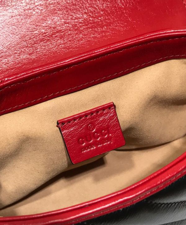 Gucci GG Marmont Double G Brass Buckle Single Top Handle Cerise Trim Female Black Quilted Leather Flap Mini Crossbody Bag