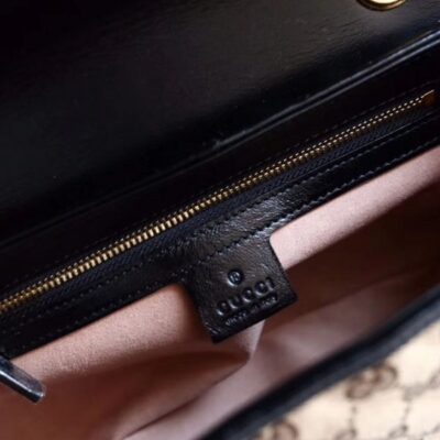cdf3b0ca6ec0f92d7e2b8f4061fcf364 Gucci GG Marmont Logo Pattern Double G Magnetic Buckle Apricot Canvas & Black Leather Female Shiny Golden Chain Handbag 443497 HVKEG 9772