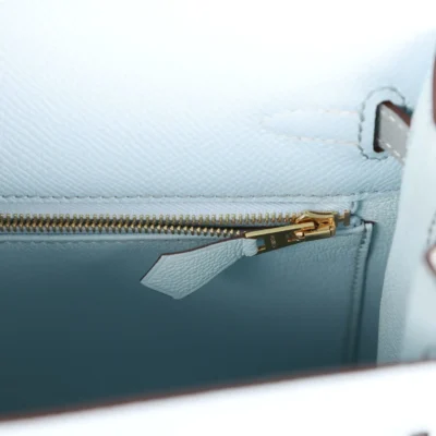 Hermès Special Order (HSS) Kelly Sellier 25 Bleu Brume and Bleu Glacier Epsom Brushed Gold Hardware