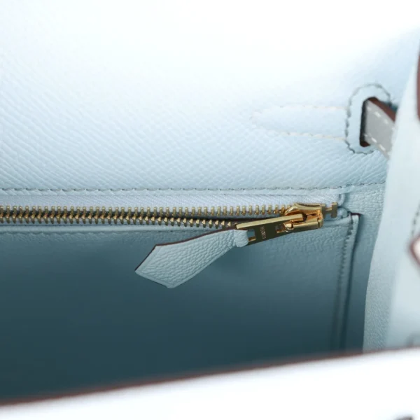 Hermès Special Order (HSS) Kelly Sellier 25 Bleu Brume and Bleu Glacier Epsom Brushed Gold Hardware