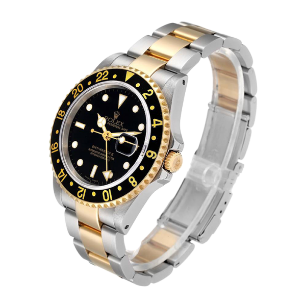 cf244b3e8ae04fc098cc99e70b3d7771 ساعة Rolex Gmt Master 16713BKSO 40MM أسود مينا ذهبي اللون علبة